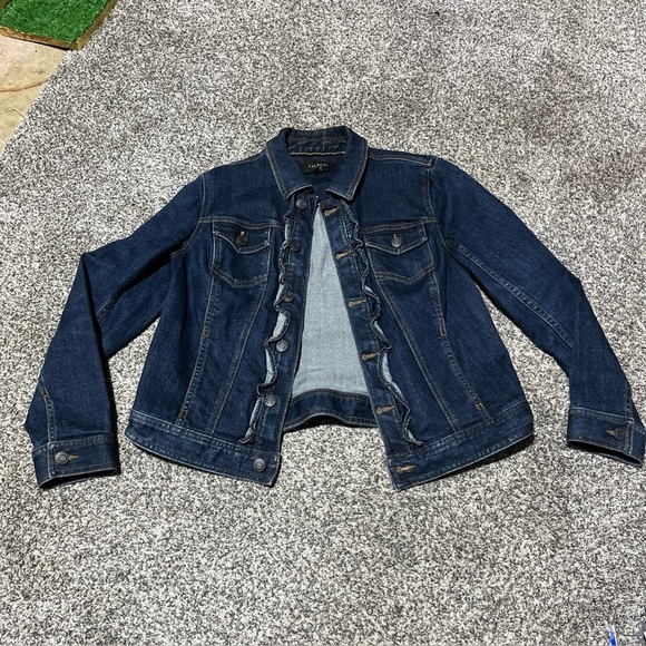 TALBOTS Petites Denim Jean Jacket Ruffle Front Dark Blue Wash Size PM Medium - Picture 1 of 7